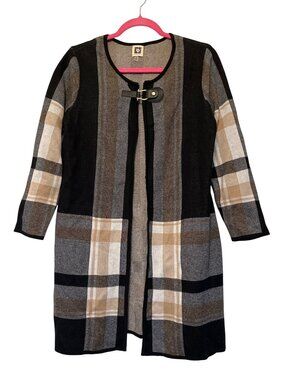 Anne Klein Plaid Cardigan Sweater Topper Buckle Front Black Beige Tan Size M